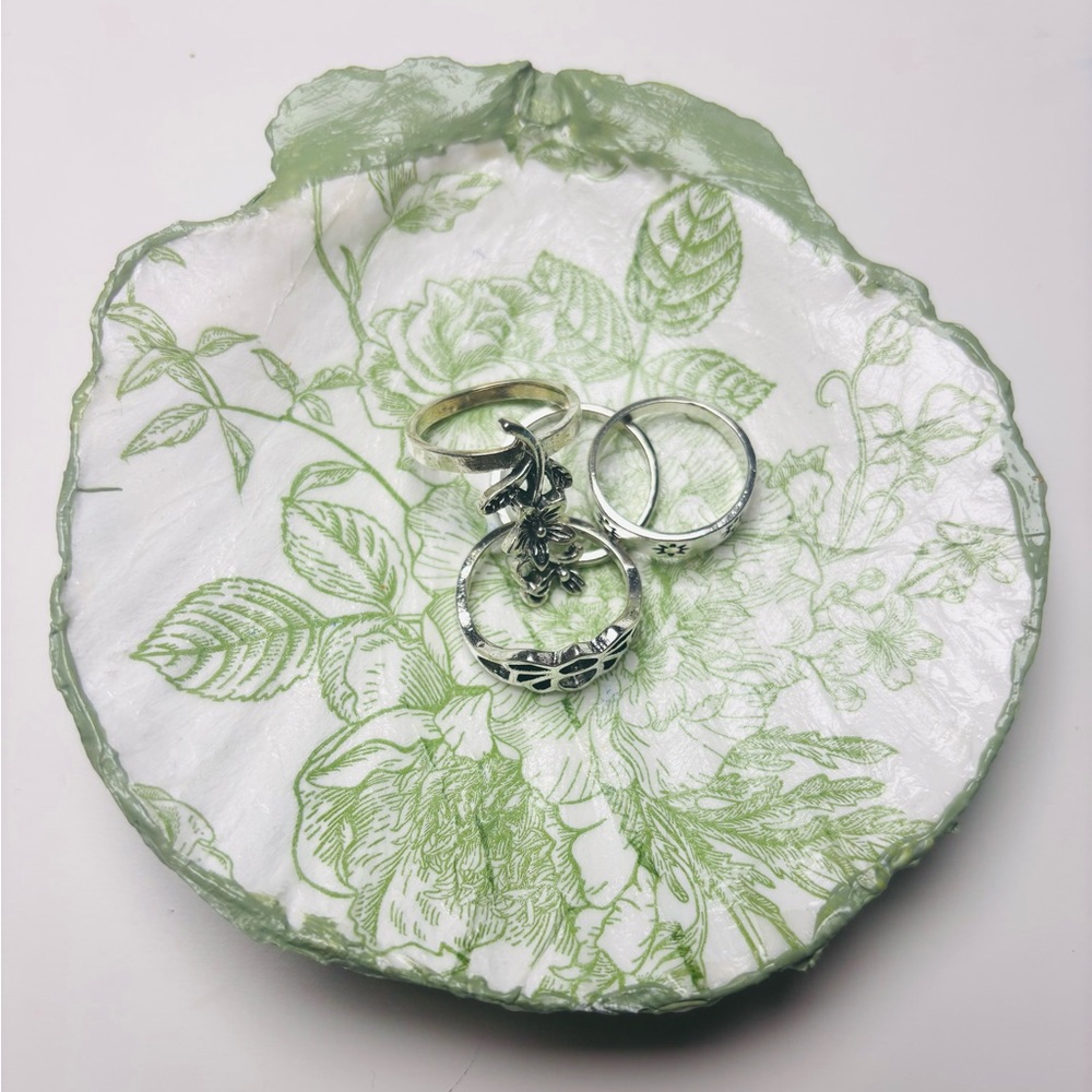 Handmade scallop shell ring dish with green floral rose decoupage design